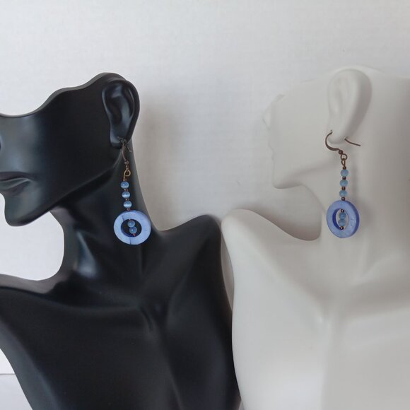 Handmade Periwinkle Blue Earrings With Dyed Shells and Banded Agate Beads - Picture 10 of 16